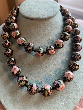 Black Cloisonné Bead Necklace with Pink Floral Accents
